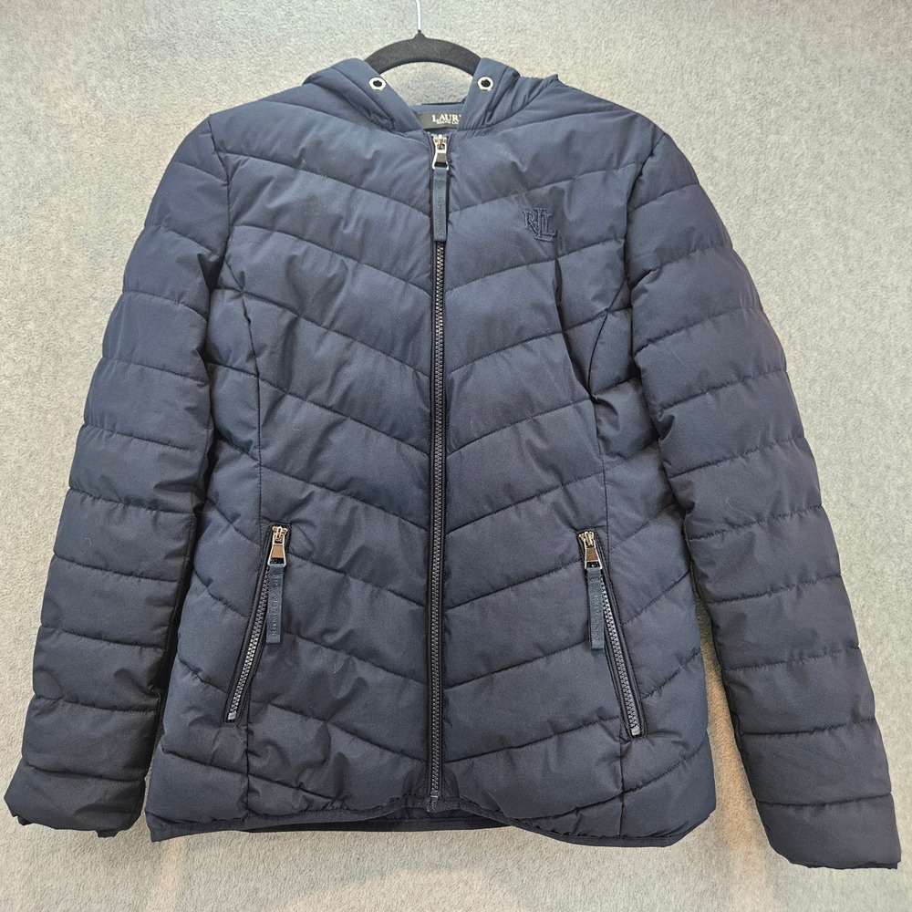 LAUREN RALPH LAUREN | Navy Blue Chevron Quilted Puffer Hooded Jacket Womens Sm